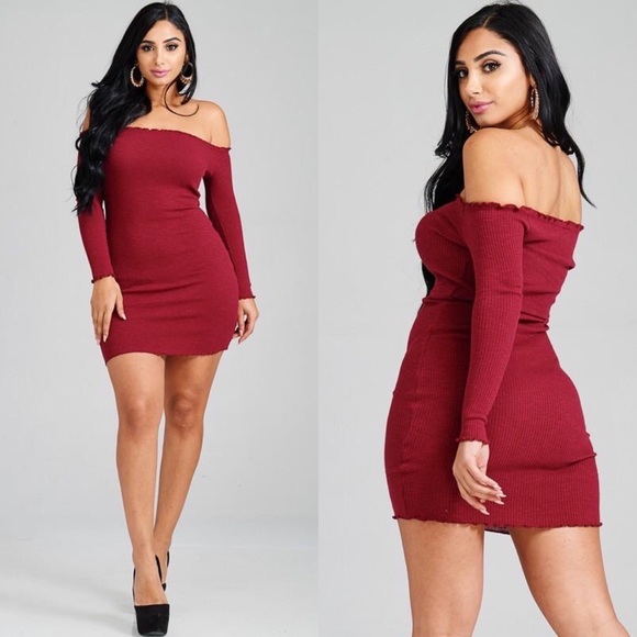 🎉HP🎉 Burgundy Ribbed Off The Shoulder Bodycon Dress - Picture 2 of 2